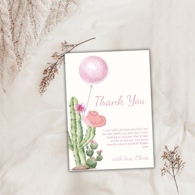 Pinky Flower Cactus Balloon Cowgirl Baby Shower Tack Kort (Pinky Flower Cactus Balloon Cowgirl Baby Shower Thank You Card)