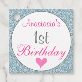 Pinky Glam Rosa & Ljusblå Glitter 1-årsfest Gåvor Etiketter