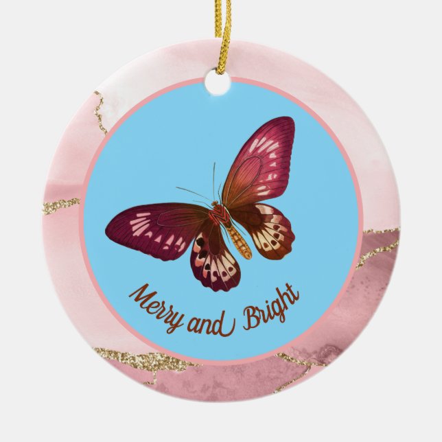 Pinky Peach Butterfly på Blå himmel Merry och Brig Julgransprydnad Keramik (Framsidan)
