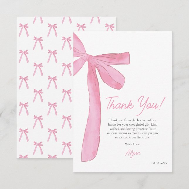 Pinky Pink Bow Handritat Coquette baby shower  Tack Kort (Fram/baksida)