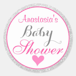 Pinky Prinsessa Rosa och Silver Glitter Babyfirand Runt Klistermärke