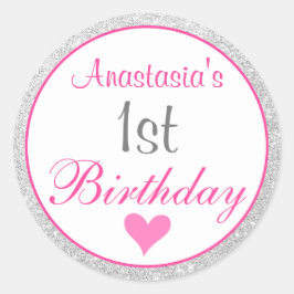 Pinky Prinsessa Rosa & Silver Glitter 1-årsdag Runt Klistermärke