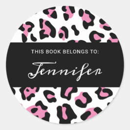 Pinky Rosa Svart och Vit Leopardsminkad Bok Runt Klistermärke