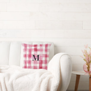 Pinkytt rosa vitt rutigt randigt monogram kudde