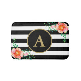 Pinl Blommigt Bold Black White Rand Guld Monogram Badrumsmatta