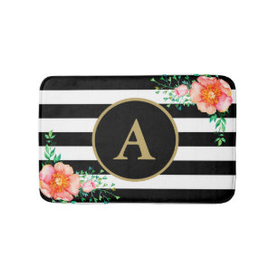 Pinl Blommigt Bold Black White Rand Guld Monogram Badrumsmatta