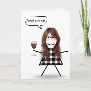 Pinne Flicka med Rött Vin Försenad Födelsedag Kort