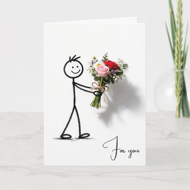 Pinne Man Med Blomsterbukett Kort (Framsida)
