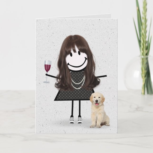Pinnefigur Födelsedagsflicka med hund Kort (Framsida)