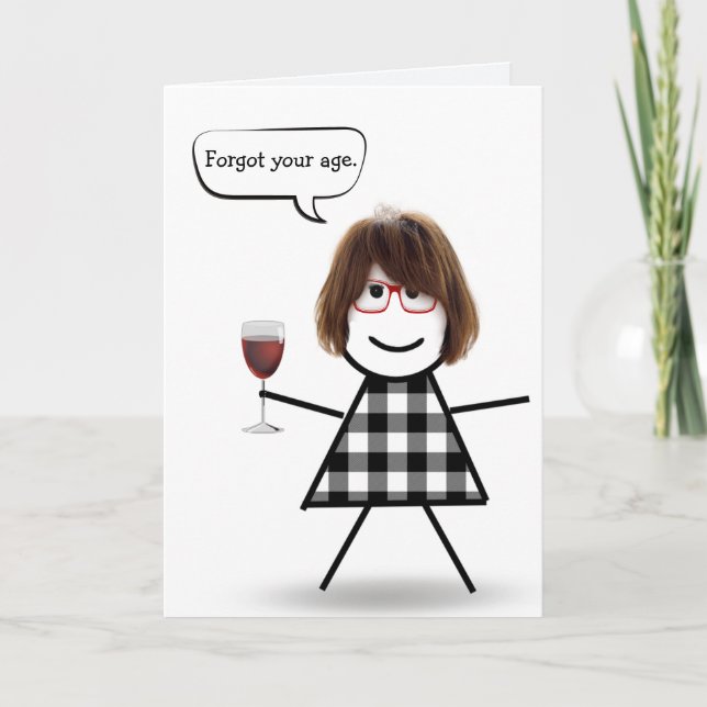 Pinneflicka med rött vin försenad födelsedag kort (Framsida)