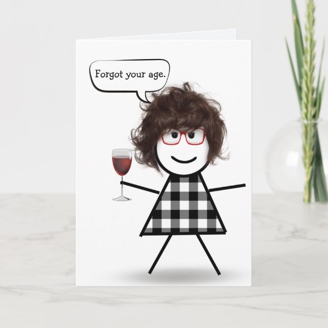 Pinneflicka med rött vin försenad födelsedag kort (Framsida)