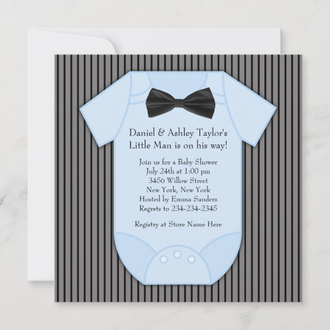 Pinstripe Svart Blå Baby Pojke Shower Inbjudningar (Framsida)