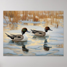 Pintail Ankor på Snowy Pond Poster