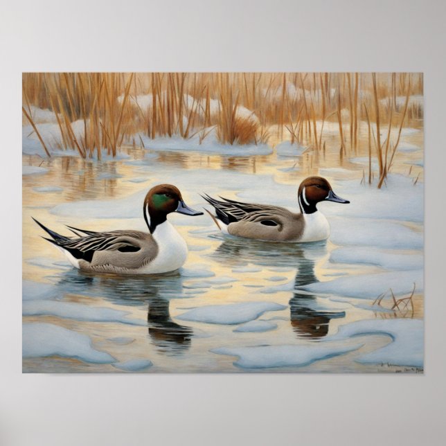 Pintail Ankor på Snowy Pond Poster (Framsidan)