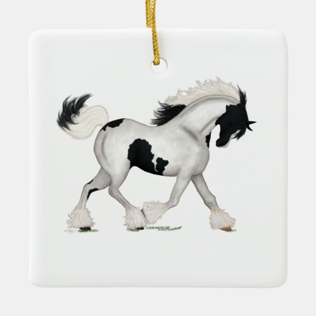 Pinto Gypsy Horse Tobiano Piebald Pony Memorial Julgransprydnad Keramik (Framsida)