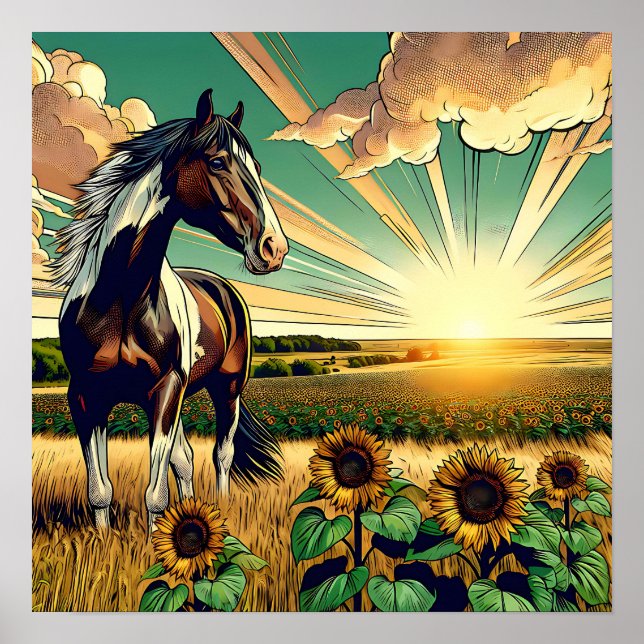 Pinto Horse i en solros Fält Poster (Framsidan)