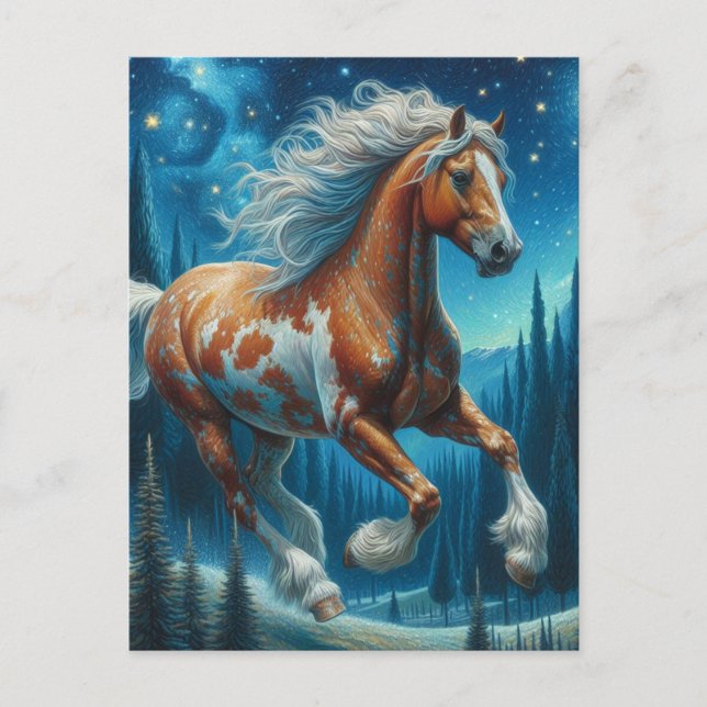Pinto Horse in Van Gogh Starry Night Forest Vykort (Framsida)