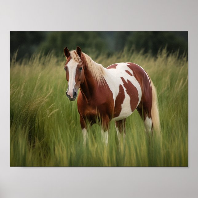 Pinto Mustang Horse in Tall Grass Poster (Framsidan)