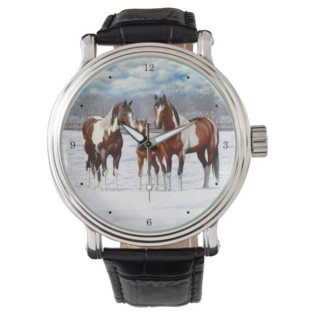 Pinto Paint Horses i Winter Snö Armbandsur (Framsida)
