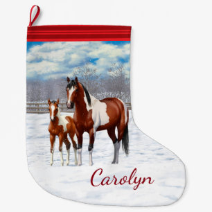 Pinto Paint Horses i Winter Snö Stor Julstrumpa