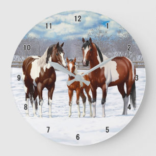 Pinto Paint Horses i Winter Snö Stor Klocka