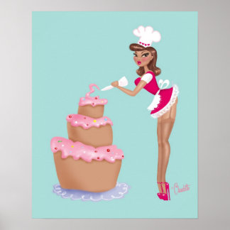 Pinup Chef Girl Icing a Cake-blue Poster