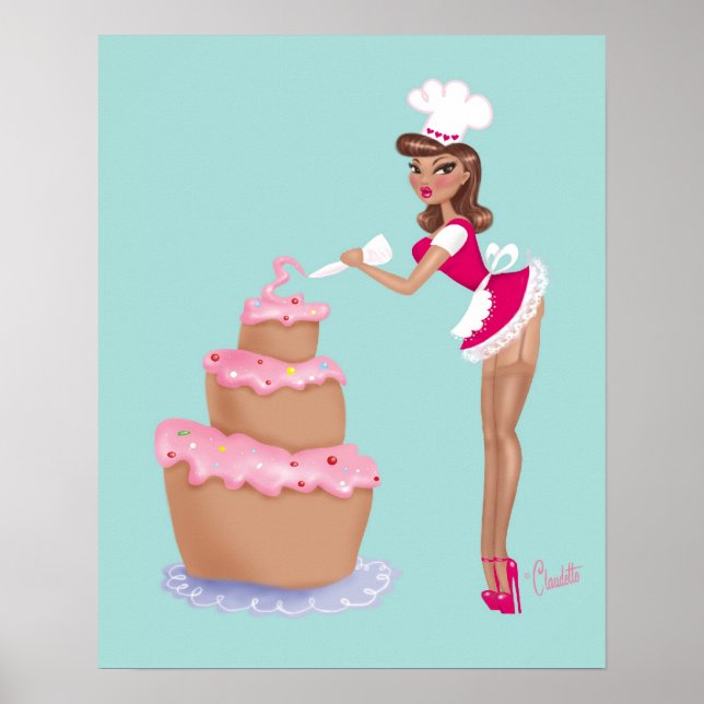Pinup Chef Girl Icing a Cake-blue Poster (Framsidan)