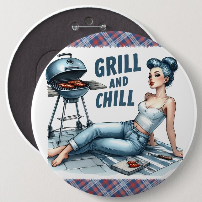 Pinup Dam Grill & Chill Pinback Stift Humous Knapp (Framsida & baksida)