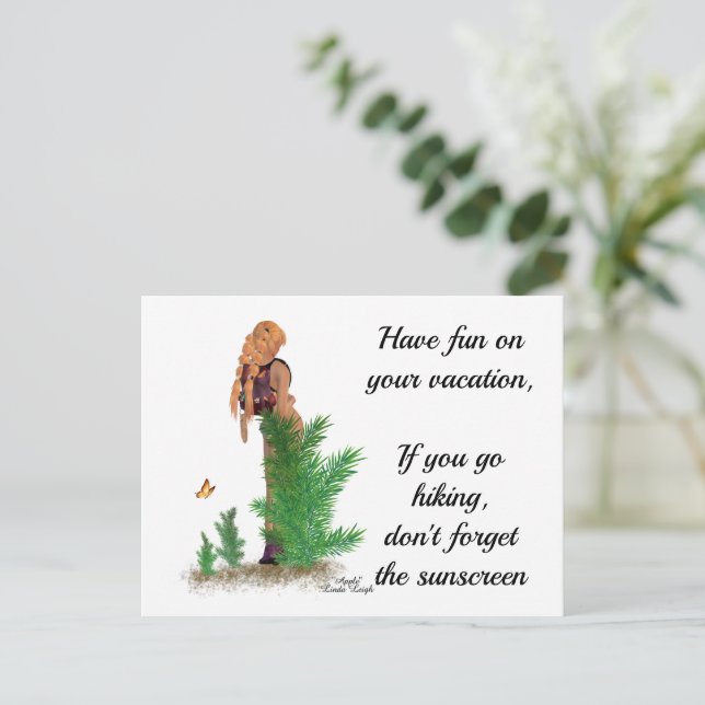 Pinup för ryggsäck för rödhårig Hiker-ryggsäck, vy Vykort (Stående Fram)