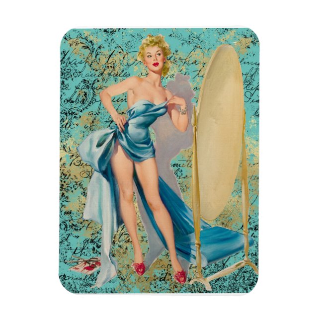 Pinup Girl i Spegel Magnet (Vertikal)