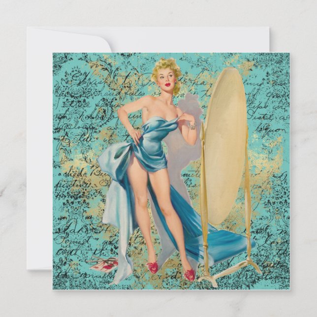 Pinup Girl in Spegel Blank Greeting Card Kort (Framsida)