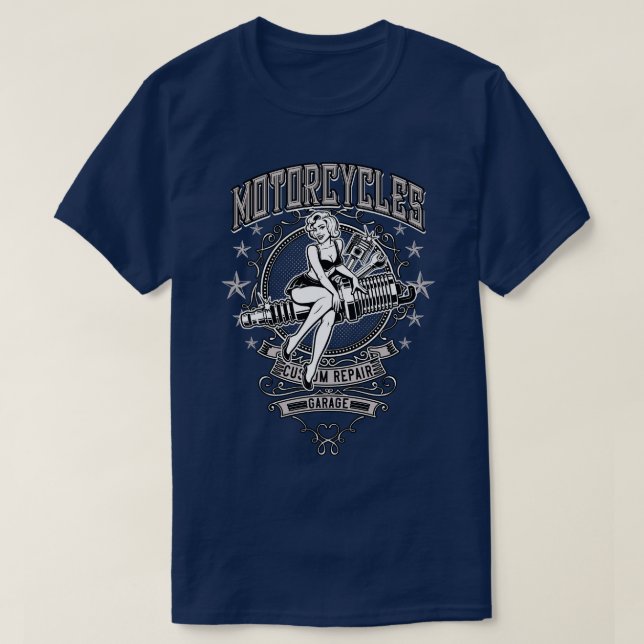 Pinup Motorcycle Garage Workshop T Shirt (Design framsida)