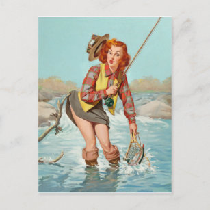 Pinup rödhårig flicka hade en fiskeolycka roligt vykort