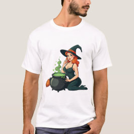 Pinup Witch Halloween Cauldron Art Retro Design T Shirt
