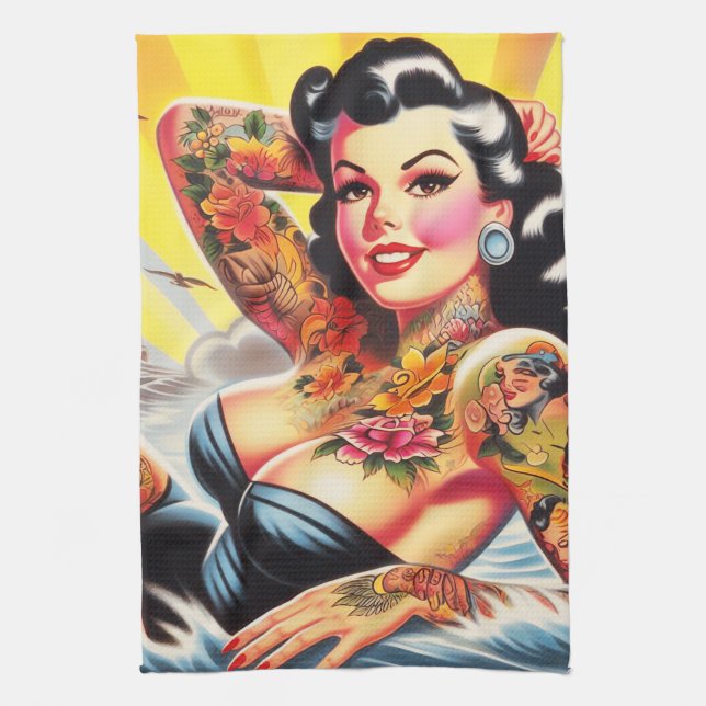 Pinupet vintage Beach Tattoo Kökshandduk (Vertikal)