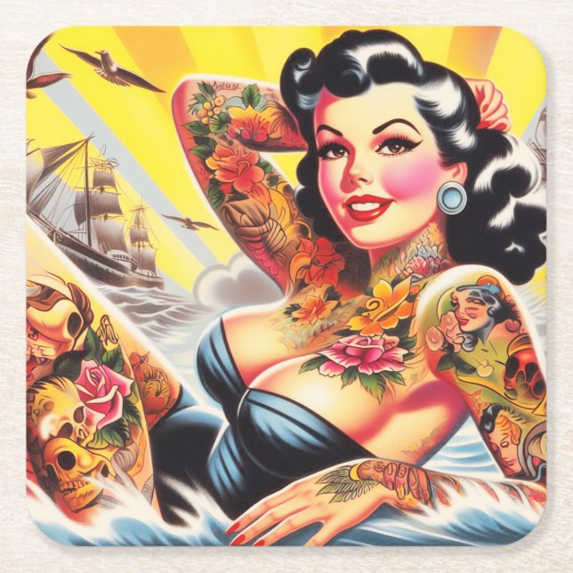 Pinupet vintage Beach Tattoo Underlägg Papper Kvadrat (Framsidan)