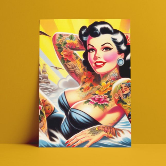 Pinupet vintage Beach Tattoo Vykort (Skapare uppladdad)