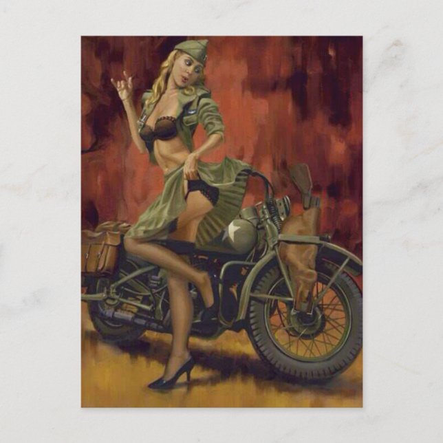 PINUPFLICKA OCH MOTORCYCLE. VYKORT (Framsida)
