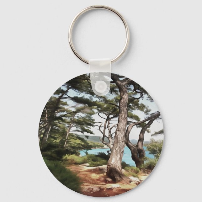 Pinus pinea Gräs Träd Forest Painting Nyckelring (Framsida)