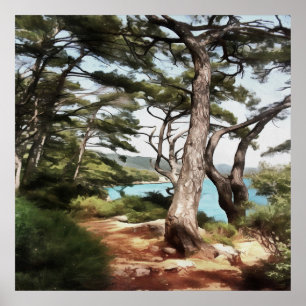 Pinus pinea Gräs Träd Forest Painting Poster