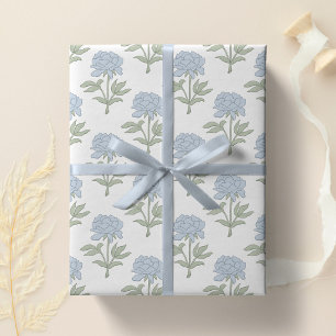Pion Blommig Blocktryck Stuga Vit Blå Grön Presentpapper