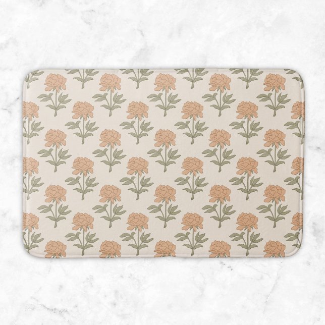 Pion Blommig Blocktryck Vintage Boho Varm Neutral Badrumsmatta (Skapare uppladdad)