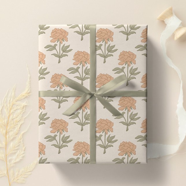 Pion Blommig Blocktryck Vintage Boho Varm Neutral Presentpapper (Skapare uppladdad)