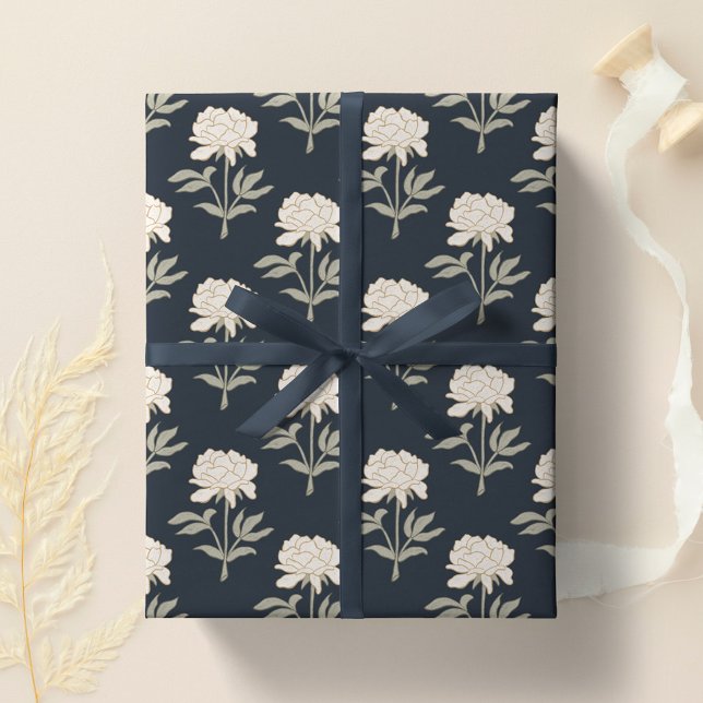 Pion Blommig Blocktryck Vintage Botanisk Mörk Presentpapper (Skapare uppladdad)