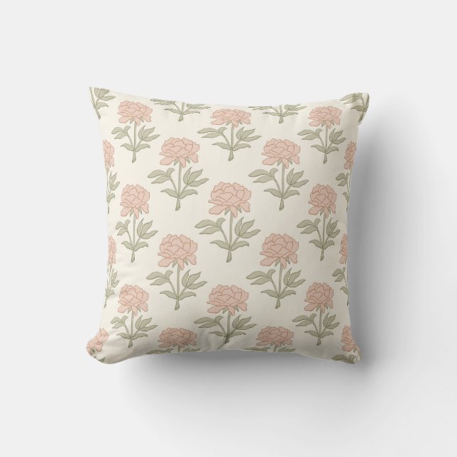 Pion Blommig Blocktryck Vintage Cottage Mjuk Rosa Kudde (Framsida)