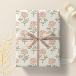 Pion Blommig Blocktryck Vintage Stuga Mjuk Rosa Presentpapper
