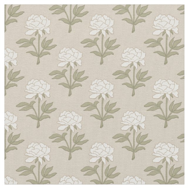 Pion Blommig Blocktryck Vintage Svamp Beige Tyg (Närbild)