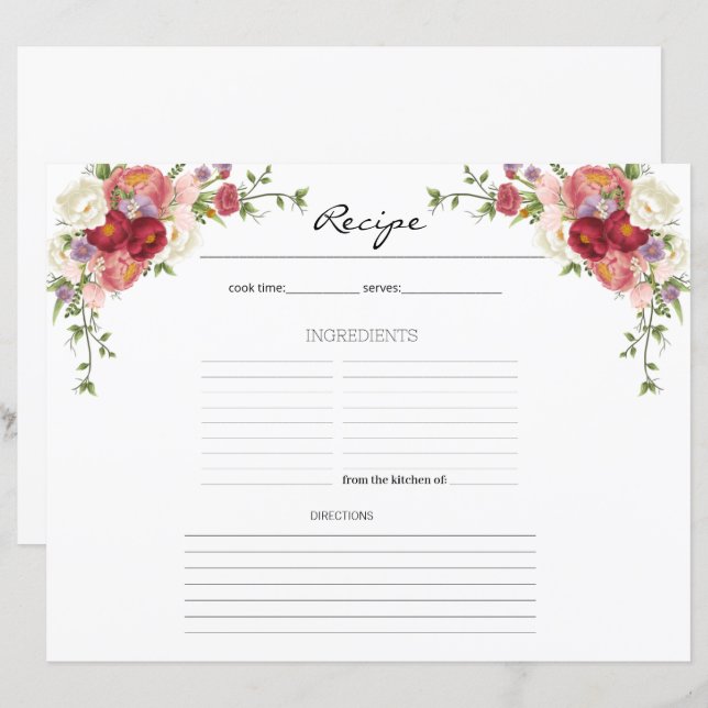 Pion Blommig Blomma Köks Receptblad  (Fram/baksida)