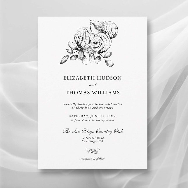Pion Blommig Konst Skiss Modern Klassisk Bröllop Inbjudningar (peony wedding invitation modern classic formal  floral sketch black white elegant romantic)