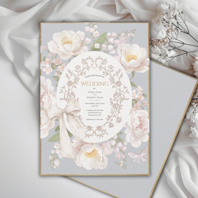 Pion Blommig Vintage Elegant Grå Bröllop Inbjudningar (Skapare uppladdad)